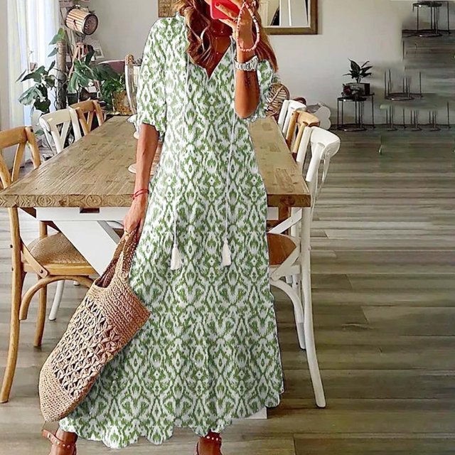 JUNWELL Robe Bohème d'Été pour Femmes, Robe Maxi Décontractée Grande Taille, Couleur Unie, Col en V, Robes Soleil, Dentelle à Franges, Longue Robe