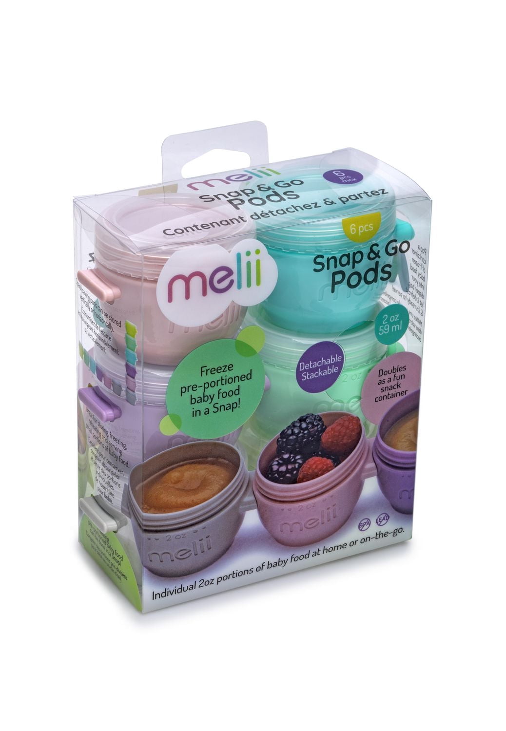 Melii Snap & Go Pods Food Storage Containers for Infants and Toddlers, 6 pack, 2 oz / 59 ml