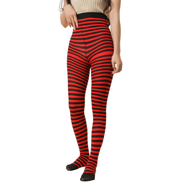 TIEVOSA Collants Transparents Gainants d'Halloween pour Femmes avec Motif Rayé Contrastant (Rouge)