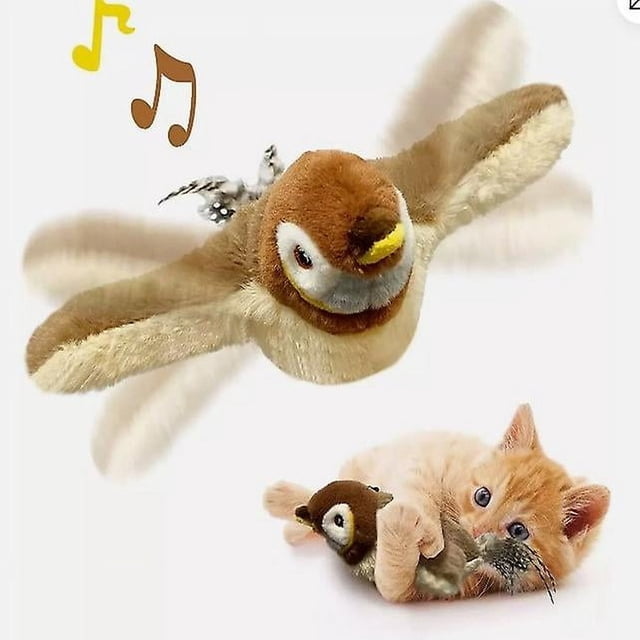 CUITING Electronic Interactive flying bird cat toy with a hanging sparrow design and flapping wings. The toy is depicted in a realistic brown and beige bird shape, with a kitten engaging with it in the foreground. Musical notes in the background highlight its interactive and entertaining features.