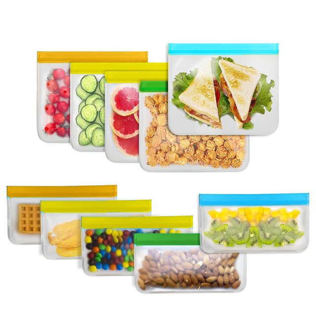 Reusable Food Storage Bags - 10 Pack Freezer Bags Reusable Gallon Bags made from food-grade PEVA material in multicolour. Includes 10 bags in various sizes (22x12cm, 22x13.5cm, 22x20cm, 26x20cm) with double-seal closures for leakproof and waterproof storage. Suitable for freezing meats, fruits, vegetables, snacks, and more. Transparent design allows easy content visibility.