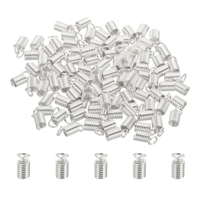 Unique Bargains Cord End Caps, 100Pcs 4.5x9.5mm Metal Spring Coil End Tips Crimp Terminators Caps Silver White