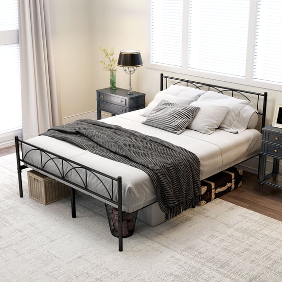 HOMCOM Full Bed Frame Metal Platform Bed Frame with Headboard Steel Slat