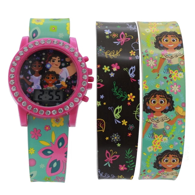 Disney Encanto LCD watch with interchangeable straps featuring a pink plastic case with rhinestone bezel and digital display. Includes a turquoise strap with floral and butterfly designs, plus two additional straps with floral and character graphics. Adjustable soft plastic straps with plastic buckles suitable for kids.