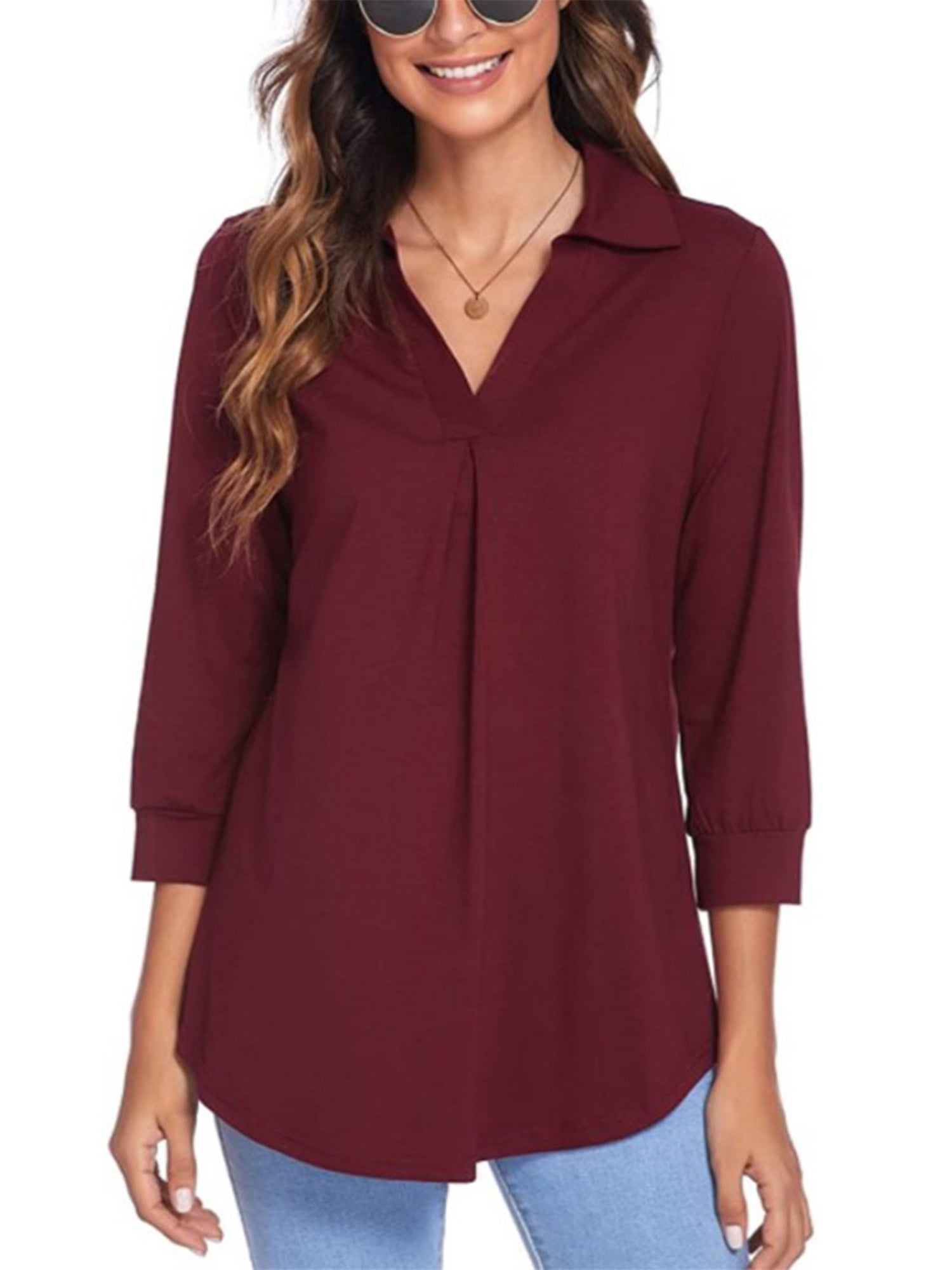 LUXUR Haut Femme Ample Tunique Chandail Manches 3/4 Chemise Col en V Blouse Rouge Vin P