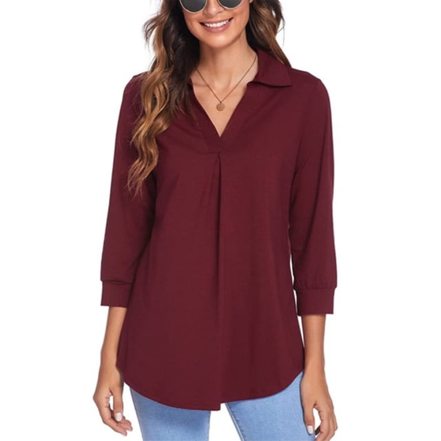 LUXUR Haut pour Femme Ample et Décontracté Tunique Chandail Chemise à Manches 3/4 Blouse à Col en V en Rouge Vin, Taille TG. une Blouse Décontractée pour Femme avec un design Uni, Col en V et Manches 3/4. Fait de polyester Doux, Idéal pour la Mode de Printemps et d'Automne, Convient au Travail, aux Sorties Décontractées Ou au Port Quotidien.
