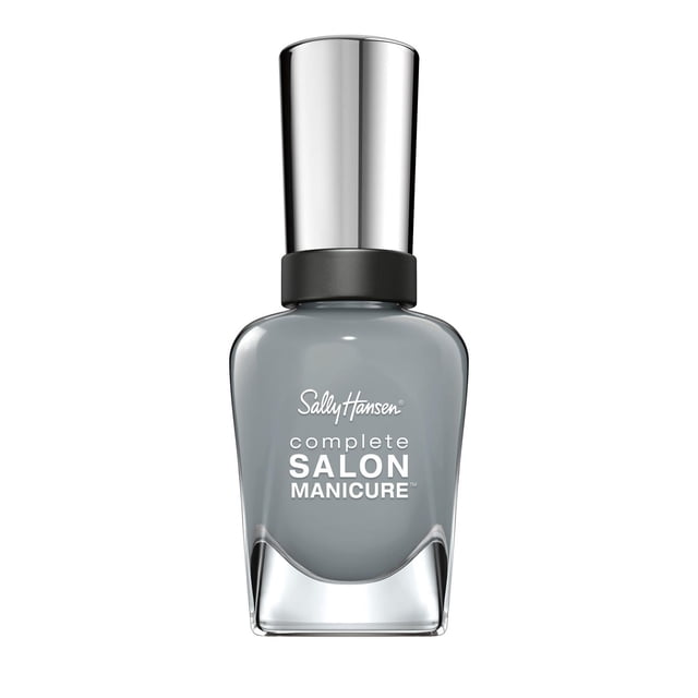 Sally Hansen Complete Salon Manicure Nail Polish in grey with a clear glass bottle and reflective silver cap, featuring a keratin complex for stronger nails, chip resistance, and a precision brush for easy, salon-quality application.