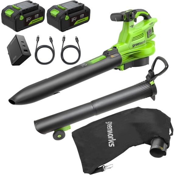 Greenworks 48V (24V x 2) 3-in-1 Brushless Blower Vacuum Mulcher (240 MPH / 520 CFM), Powerful for Yard, Lawn, Patio and Driveway Cleanup, Includes (2) 6.0Ah Batteries and 100W Fast Charger