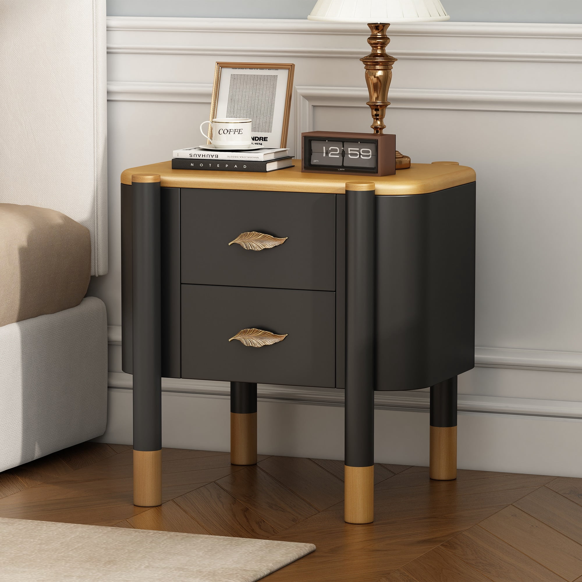 Contemporary 2 Drawers Nightstand With Curved Profile Design, Bedside Table With Metal Feather-Shaped Handles And Exposed Legs, End Table For Living Room And Bedroom, Easy Assembly, Black