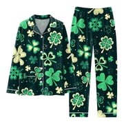 GDREDA Pyjamas Women Women Pajamas Matching Set Holiday Pajamas Women's Classic Button Down Long Satin Pajama Set With Pockets Women Pajama Sets pyjamas Black,S