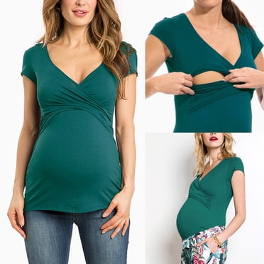 Hinvhai Women's Maternity Nursing Tops Clearance Short Sleeve V Neck Breastfeeding Tee Shirts Pregnancy Tops Green 6(M)