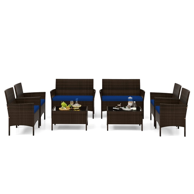 Patiojoy 8 Piece Patio Rattan Conversation Set Outdoor Wicker Furniture Set w/ Chair Loveseat & Tempered Glass Table Navy