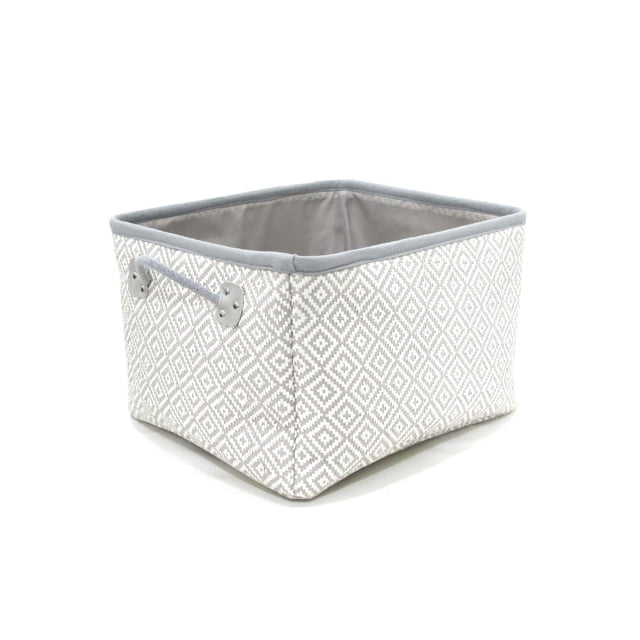 hometrends Medium Woven Paper Basket front-facing deep rectangular woven-paper storage bin with grey and white diamond geometric pattern, smooth fabric lining, soft reinforced rim and sturdy side handles secured with metallic rivets, shown on a neutral background; suitable for storing toys, linens or office supplies.