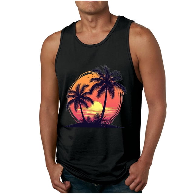 Tanks for Men,Mens Tank Colorless Gradient Printing Round Neck Thin Strap Leakage Back Regular Casual Sports Tank Blouses