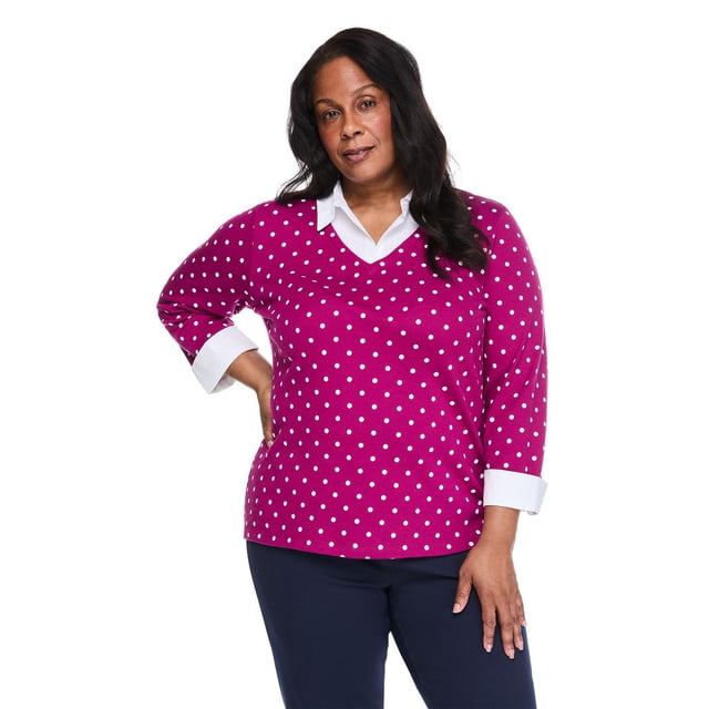 Karen Scott Women's Plus Collared V-Neck Printed Top
