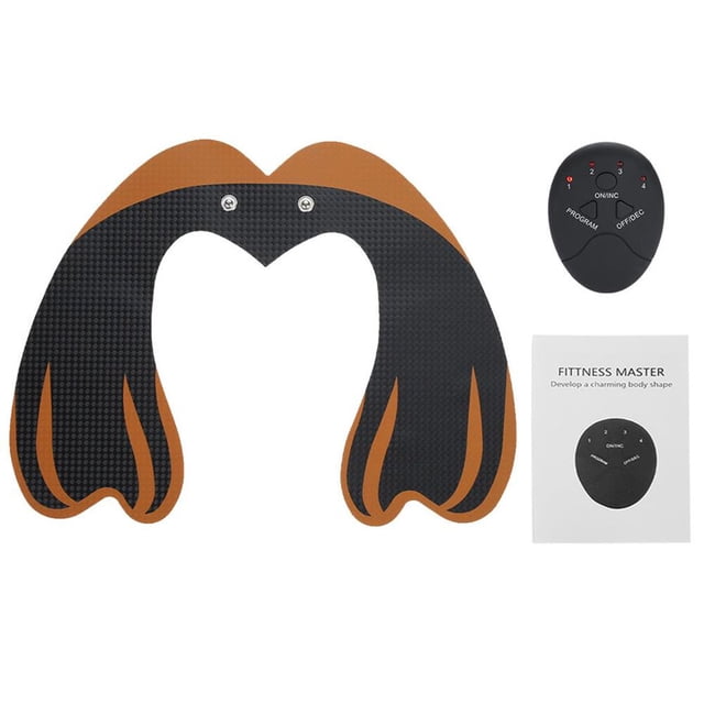 EMS Hip Trainer Buttock Lifting Massage Machine Hip Muscle Stimulation Massager 01 featuring a U-shaped pad design in black and orange with a textured surface. Includes a compact black controller with multiple program settings and an instruction manual labeled 'Fitness Master.' Designed for muscle stimulation and hip lifting using EMS technology.