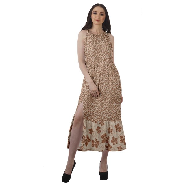 Moomaya Robe Imprimée Femme Fête Mariage Tenue de Fête Col Licou Robe Maxi en Rayonne