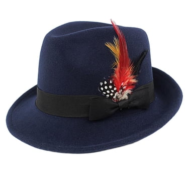 Fedora Hat Wool Felt Bowknot Feather Trilby Women Men Travel Brim Wedding Prom - , as described Navy blue