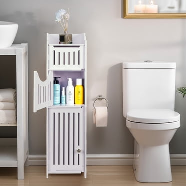 YOYTOO Armoire de Rangement de Salle de Bain avec 2 Portes et 2 Étagères, Support Autoportant pour Papier Hygiénique, Organisateur sur Pied pour Petits Espaces, Blanc