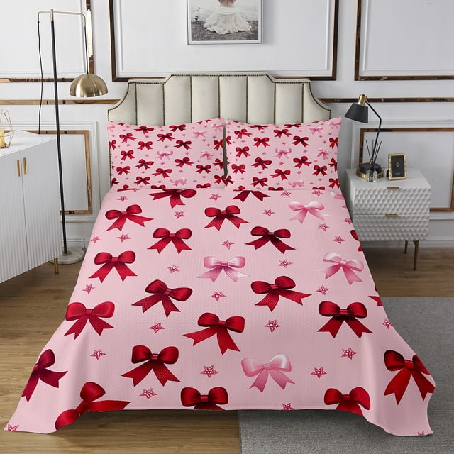 Erosebridal Kids Red Ribbon Coverlet Set Queen, Cute Bow Bedding Set, Cartoon Bow-tie Decor, 3pcs