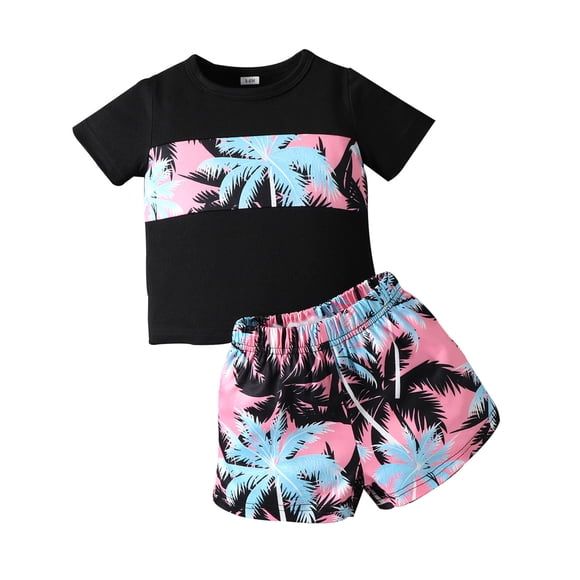 Toddler Boys Outfits Short Sleeve Hawaii Floral Prints T Shirt Pullover Tops Shorts Sets Ensemble Garcon Size 12-18 Months