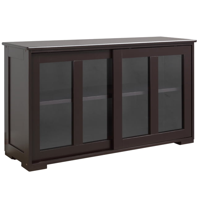 HOMCOM Buffet de Cuisine Armoire de Rangement Empilable avec Porte Coulissante en Verre Fini Café. Ce Buffet compact Présente des Portes Coulissantes en Verre Trempé pour un Accès Facile et une Tablette Intérieure Ajustable. Fabriqué en MDF pour la Durabilité, Mesure 42,1 Pouces de Large, 13 Pouces de Profondeur et 24,6 Pouces de Haut. la Conception Empilable Permet un placement Polyvalent, Empilé Ou Côte à Côte, le Rendant Idéal pour les Petits Espaces de Salle à Manger Ou le Rangement de Cuisine.