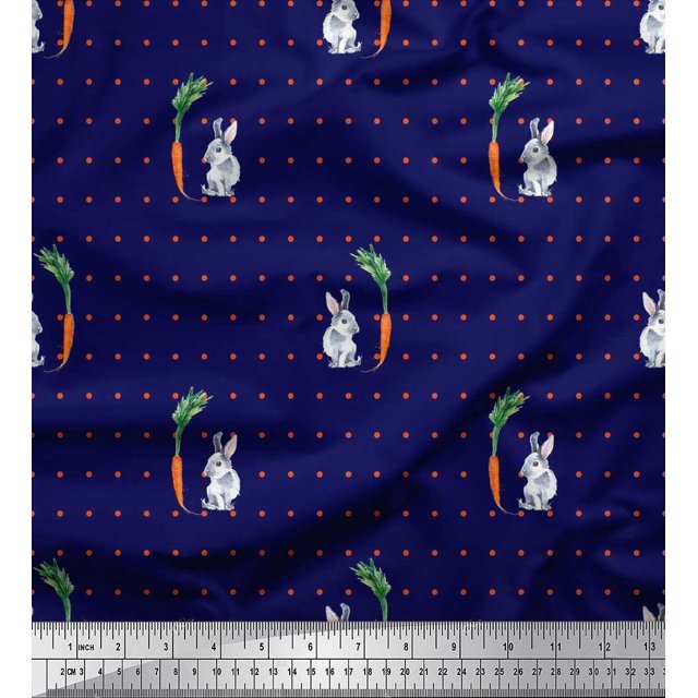 Soimoi Velvet Fabric Carrot & Rabbit Dots Print Sewing Fabric Yard 58 Inch Wide