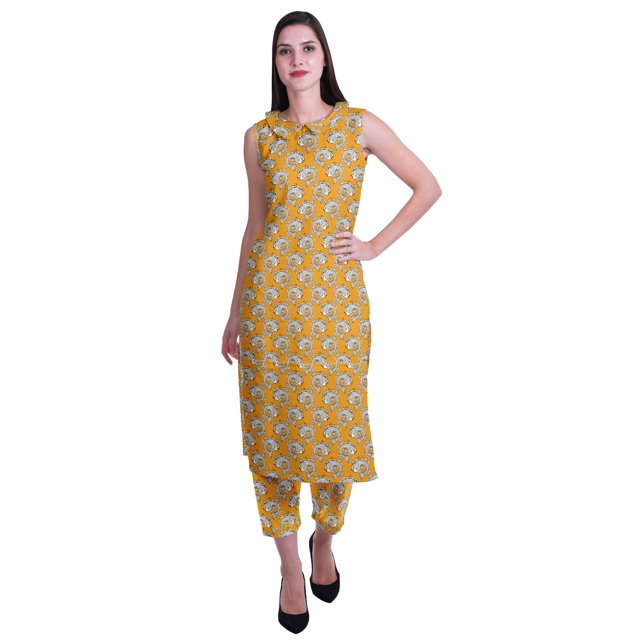 Moomaya Ensemble Kurta et Pantalon Sans Manches pour Femmes à Col Peter Pan Imprimé, Ensemble Ethnique 2 Pcs