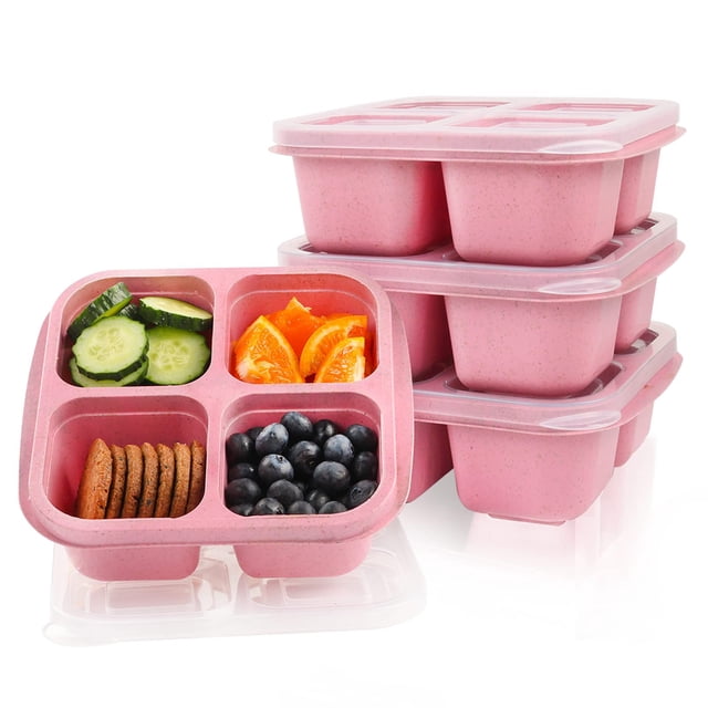 1 Pce Contenants à Collation Réutilisables Bento avec 4 Compartiments, Illustrés en Acrylique Rose. le Contenant Est Divisé en sections Tenant des Concombres, des Tranches d'Orange, des Bleuets et des Biscuits. Conception Empilable Idéale pour l'Entreposage des Aliments, la Préparation des Repas, l'École, le Travail Ou les Voyages. Dimensions : 16,5 X 15,5 X 5,5 cm.