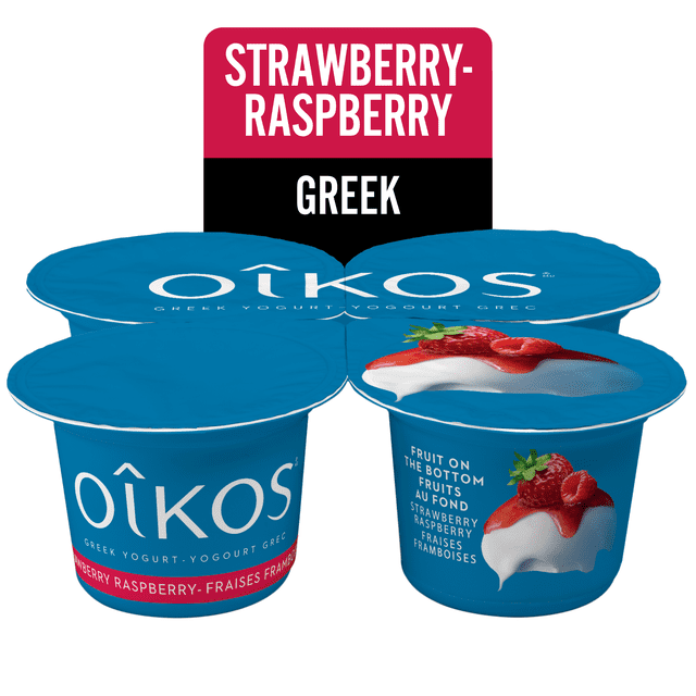 Oikos Greek Yogurt, Strawberry-Raspberry Flavour, Fruit on Bottom, 2% M.F., four-pack of blue containers with white branding and an image of creamy yogurt topped with strawberry and raspberry fruit, made with 100% Canadian milk and containing 8 grams of protein per 100g serving, ideal for a nutritious snack any time of day.
