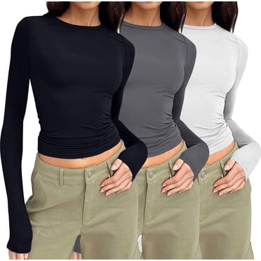 AherBiu Ensemble 3 Pcs Femmes Chandails à Manches Longues Basique Ajusté Tendance Hauts Courts Automne sous-Blouses Couche Haut de Sortie
