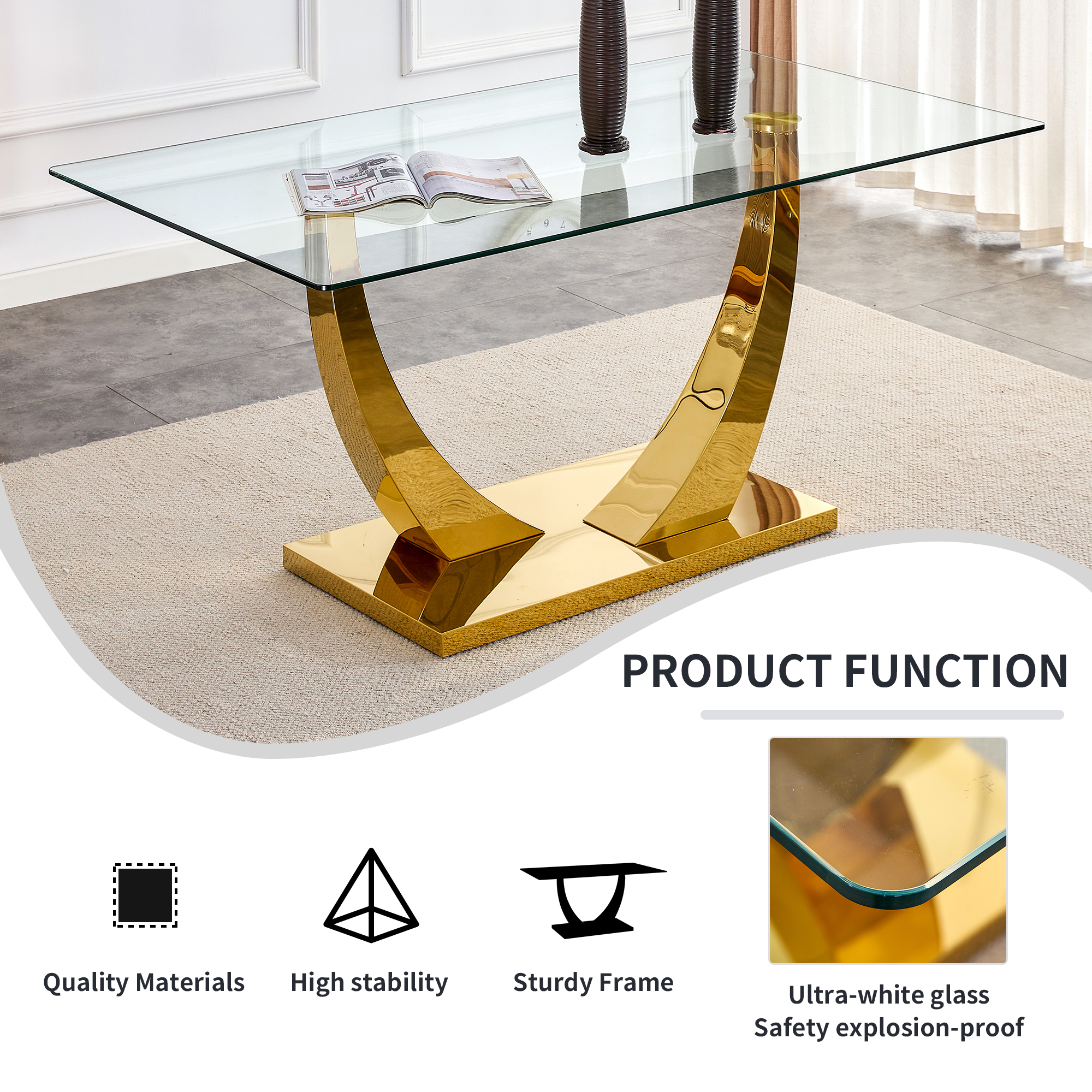 Noble House 63" Modern Rectangular Glass Dining Table,Tempered Glass Top,Gold