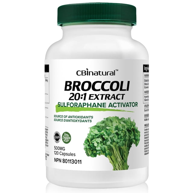 CBI Natural Broccoli 20:1 Extract, 10,000 mg strength, 120 vegan capsules in a 4-month supply bottle. The label highlights sulforaphane activation, antioxidant benefits, and vegan-friendly certification. The bottle features a green cap and an image of fresh broccoli sprouts.