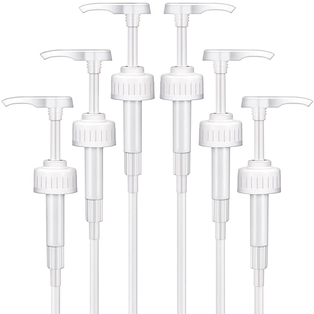 Jinsinto 6 Pieces White Coffee Syrup Pump set with six durable white plastic pumps for bottles with a 1.49-inch mouth diameter. Each pump measures 15 inches in length and dispenses 8 ml of liquid, ideal for coffee syrups, snow cones, flavorings, and soap or lotion dispensers. Lightweight and easy to use, suitable for home or office use.