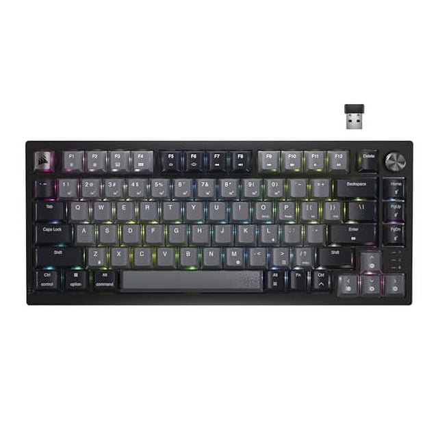 Corsair K65 PLUS WIRELESS 75% RGB hot-swappable mechanical gaming keyboard in black and gray, featuring pre-lubricated MLX Red linear switches, sturdy PBT keycaps, and a multi-function rotary dial. Offers wireless connectivity via 2.4GHz or Bluetooth, USB wired option, and up to 266 hours of battery life with RGB off. Compact design ideal for gaming performance and versatile use.