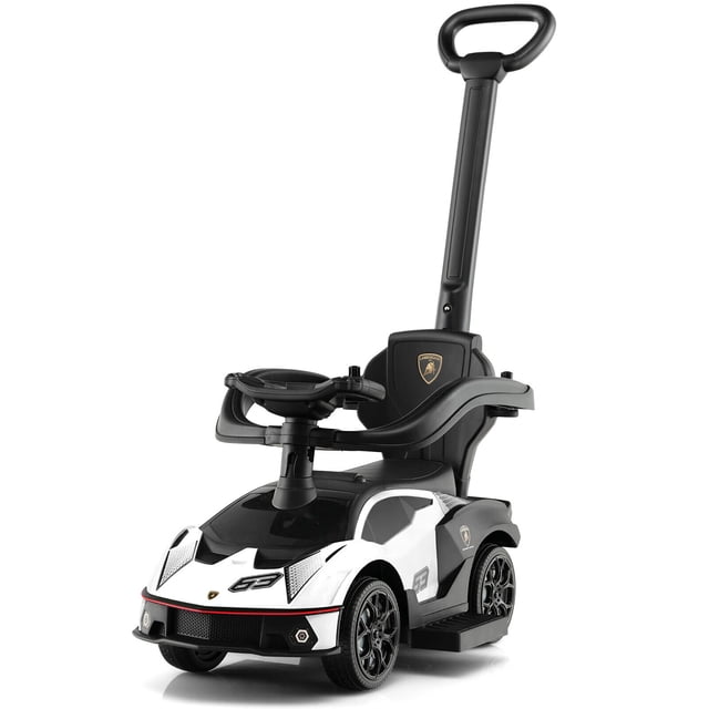 Gymax 3-in-1 Licensed Lamborghini Ride on Push Car Stroller Sliding Car in white, featuring a sleek design with a steering wheel, safety guardrails, and a push handle. Suitable for toddlers aged 12-36 months, it includes under-seat storage, anti-rollover design, and durable wheels for smooth movement on various surfaces.