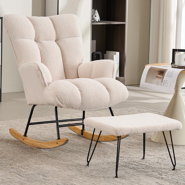 TOYTEXX Teddy Fabric Rocking Chair with Ottoman, Upholstered High Back Accent Glider with Solid Wood Base and Metal Frame for Nursery, Living Room, Reading Area-White