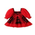 thumbnail image 1 of Robe Fille à Carreaux en Maille Patchwork Col Carré Manches Longues Bouffantes, 1 of 9