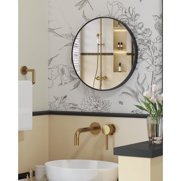 SONGMICS Round Mirror, Bathroom Mirror, 20 Inches, Metal Frame, for Living Room, Ink Black