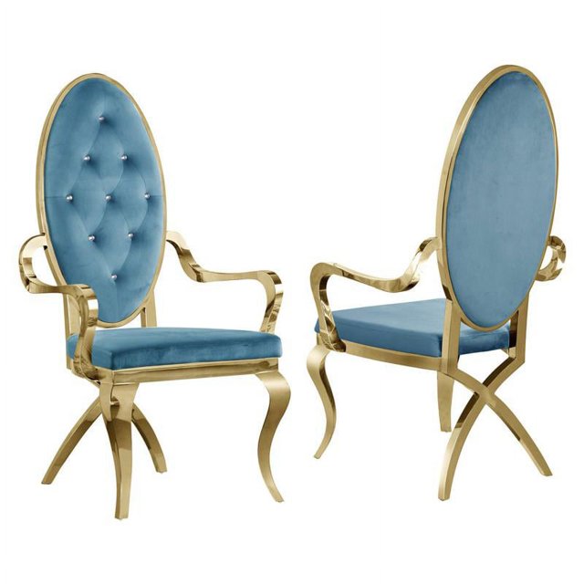 Chaises à Accoudoirs Capitonnées en Velours Bleu Sarcelle et Acier Inoxydable Doré (Lot de 2)