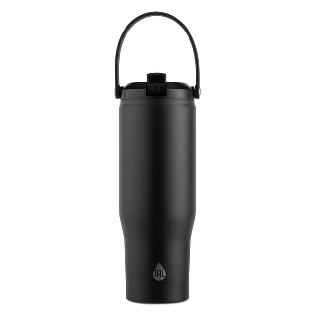 TAL 30OZ HUDSON WATER BOTTLE BLACK, a matte black stainless steel tumbler with 30 oz capacity, double-wall vacuum insulation, flip-up straw lid, and flexible carry handle, designed for spill-resistant hydration and fits most cupholders.
