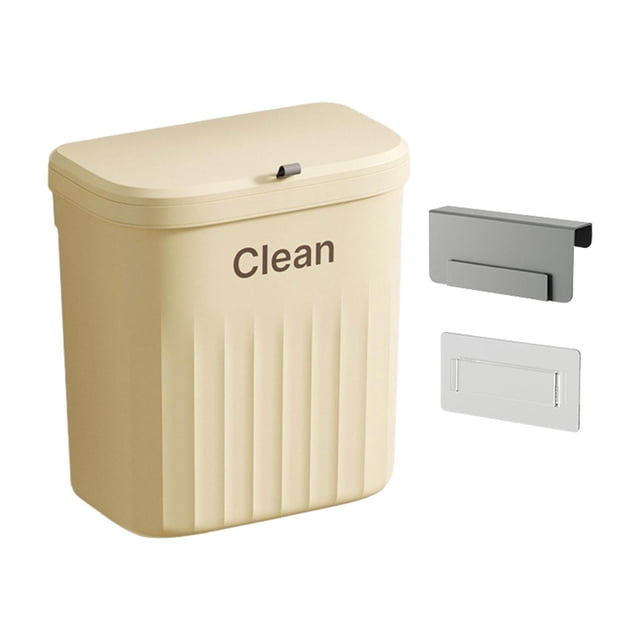 Hanging Waste Bin Kitchen Compost Bin with Sliding Lid, mountable indoor compost bin in yellow, 12L capacity. Designed for cabinet doors, kitchens, bathrooms, and offices, it features a sliding lid with 'Clean' text, anti-skid pressure design, and two installation methods: hook wall hanging and hanging type. Ideal as a kitchen waste bin or trash can.
