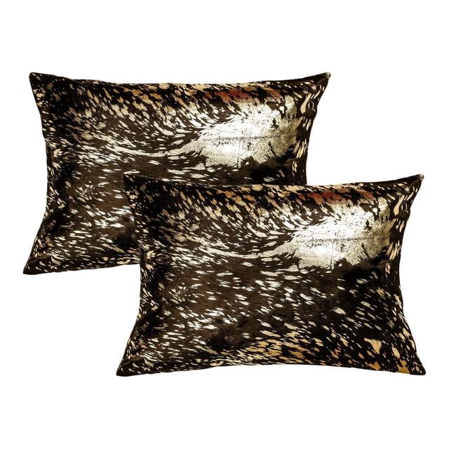 TORINO SCOTLAND COWHIDE PILLOW 12"X20" 2-PACK with two rectangular throw pillows crafted from 100% natural Indian cowhide featuring a dark brown and beige speckled pattern, hand-stitched with hidden zipper closures and ultra-soft microsuede backing, suitable for layering in home décor.