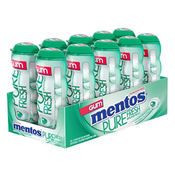 Mentos Pure Fresh Sugar-Free Chewing Gum with Xylitol, Spearmint, 15 Piece Bottle (Pack of 10)