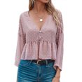 thumbnail image 1 of Women Swiss Dots Buttons Ruching Hem Deep V Neck 3/4 Sleeves Summer Blouse, 1 of 7