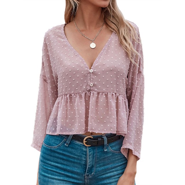 Women Swiss Dots Buttons Ruching Hem Deep V Neck 3/4 Sleeves Summer Blouse