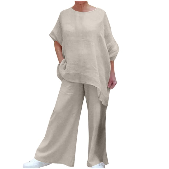 Chemise à Manches Longues pour Femmes Col Rond Uni Chandail à Manches Longues + Pantalon Ensemble Hauts à Manches Longues pour Femmes