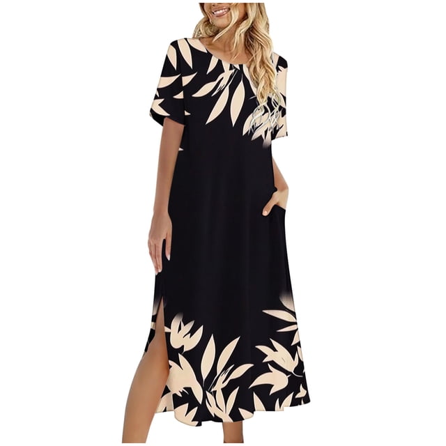 Staron Robes de Plage pour Femmes Sans Manches, Robes d'Été Hawaïennes, Col Rond, Fente, Coupe Ample, Décontractées, Chemise-Robe d'Été Fluide de Plage TTG. la Robe Présente une base Noire avec un Motif de Feuilles Tropicales beige, une Encolure Ronde, un design Sans Manches et des Fentes Latérales pour Plus de Confort. Fabriquée en polyester Léger, Elle Convient aux Sorties Décontractées, aux Vacances à la Plage Ou aux Événements d'Été. Offerte en Taille TTG.