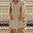 thumbnail image 2 of Tumotour Robe d'Été pour Femmes à Col en V, Longueur Genou, Robe Décontractée, Couleur Unie, Manches Courtes, Coupe Ample, Robe de Vacances, Robe en Lin pour la Plage, Sorties, Fête, Rendez-Vous, 2 of 5
