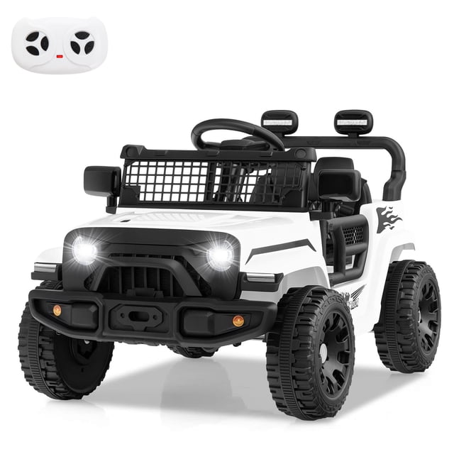 Costway 12V Kids Ride on Truck Car Battery Powered Electric Vehicle with Remote Control in white. This powered ride-on toy car features a rugged design with large black wheels, bright LED headlights, and a front grille. Includes a remote control for parental operation, lockable doors, adjustable seat belt, and dual 25W motors for smooth rides. Suitable for children aged 3 and up.